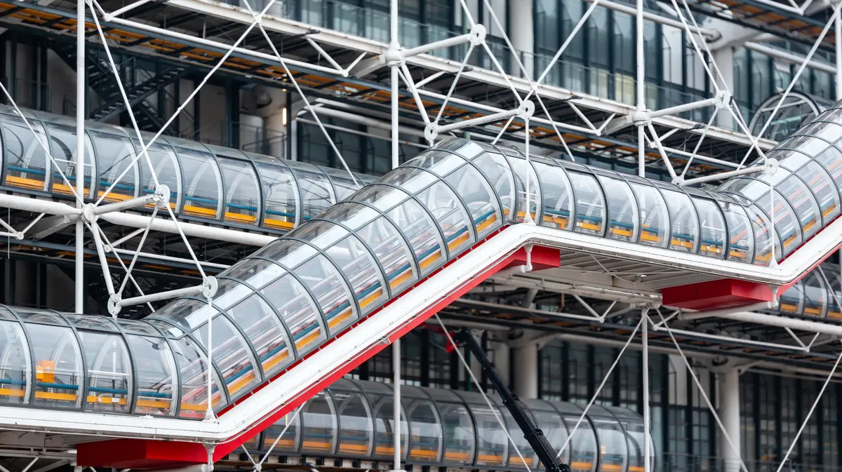 Close-up of the modern architectural design of the Pompidou Center in Paris, France.