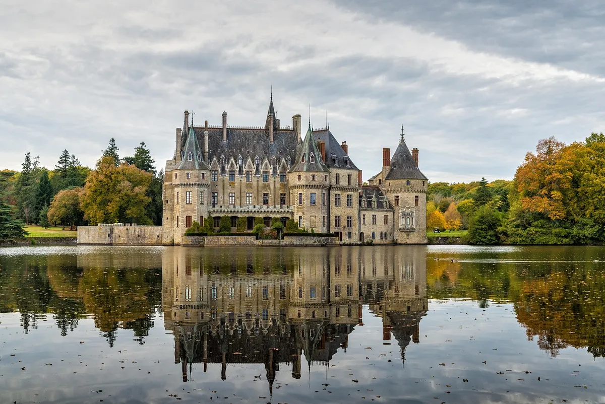 water, nature, sky, lake, castle, summer, tower, travel, green, clouds, reflection, landscape, architecture, park, france, building, yellow, historic, outdoor,
