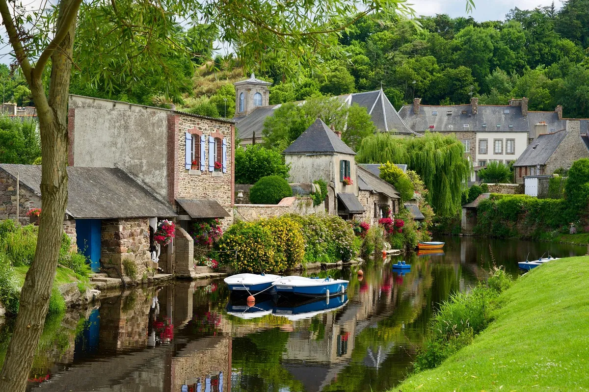 flow, boats, water, landscape, reflection, village, scenic, nature, france, brittany