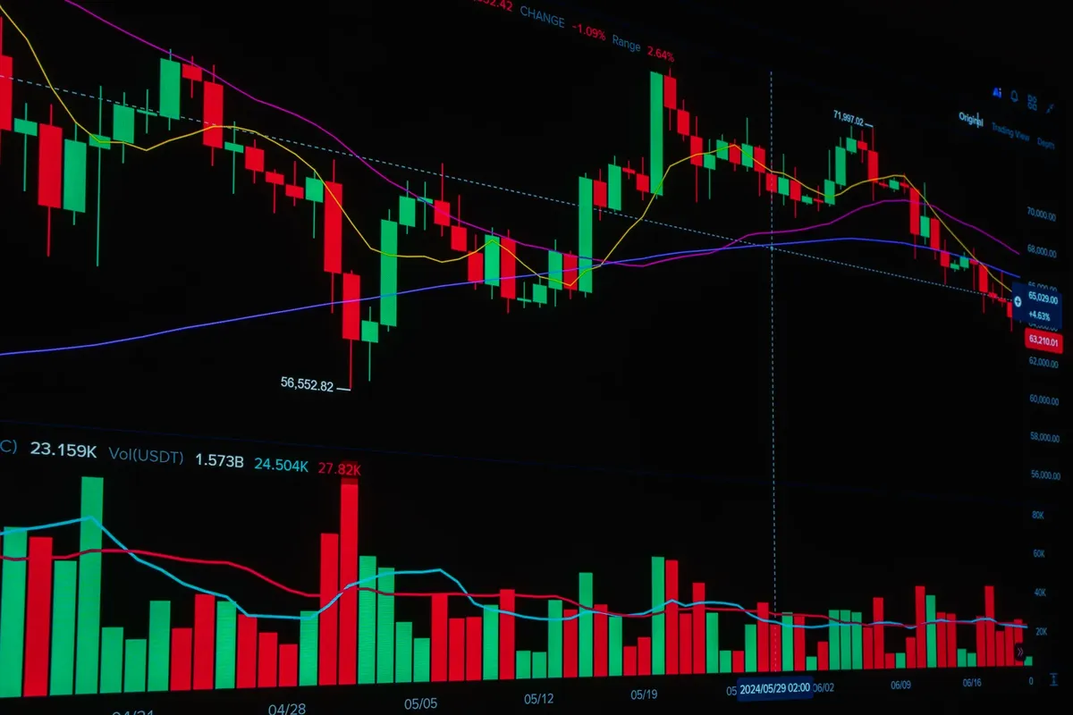 Dynamic stock trading chart displaying cryptocurrency price trends, ideal for finance and investment themes.