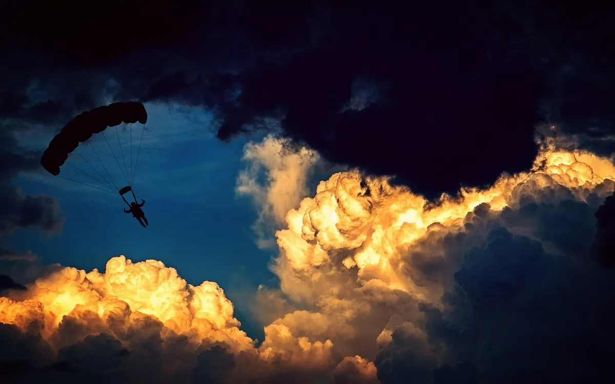 parachute, parachutist, paraglider, air sports, nature, flying, sport, leisure, sky, clouds, height, cloud formations