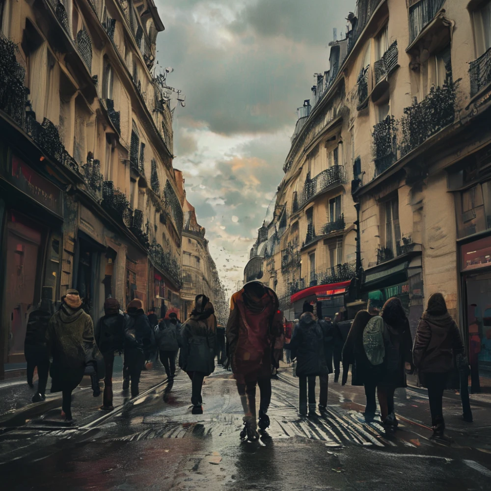 Uma rua de Paris com pessoas diversas